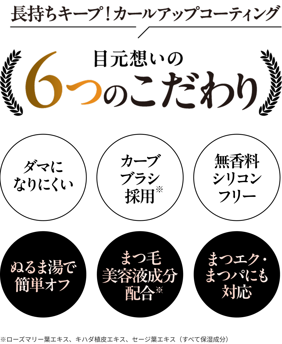 長持ちキープ！カールアップコーティング／目元想いの6つのこだわり（円6つ）